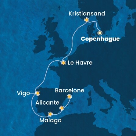 carte Danemark, Norvège, France, Espagne, 10 jours