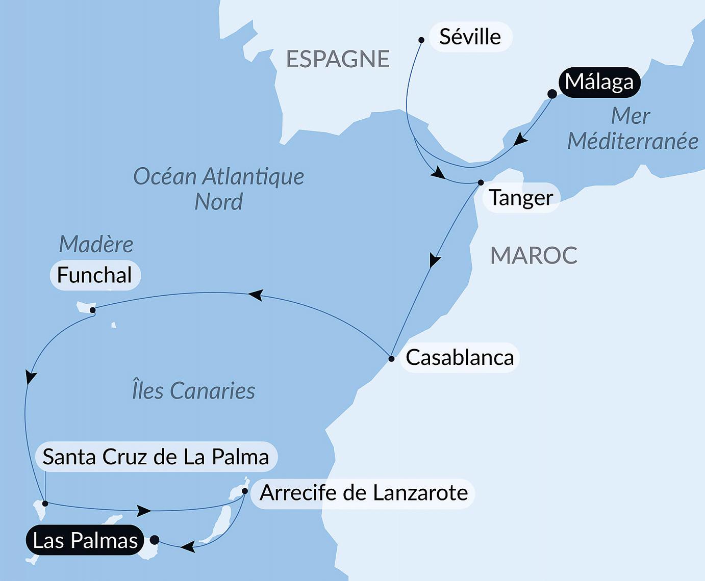 carte Odyssée atlantique de la péninsule ibérique aux Canaries, 11 jours