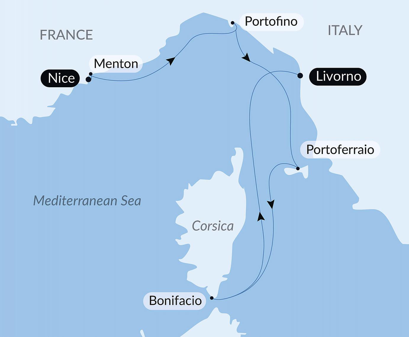 carte Escapade automnale entre Côte d’Azur, Riviera italienne et Corse, 6 jours