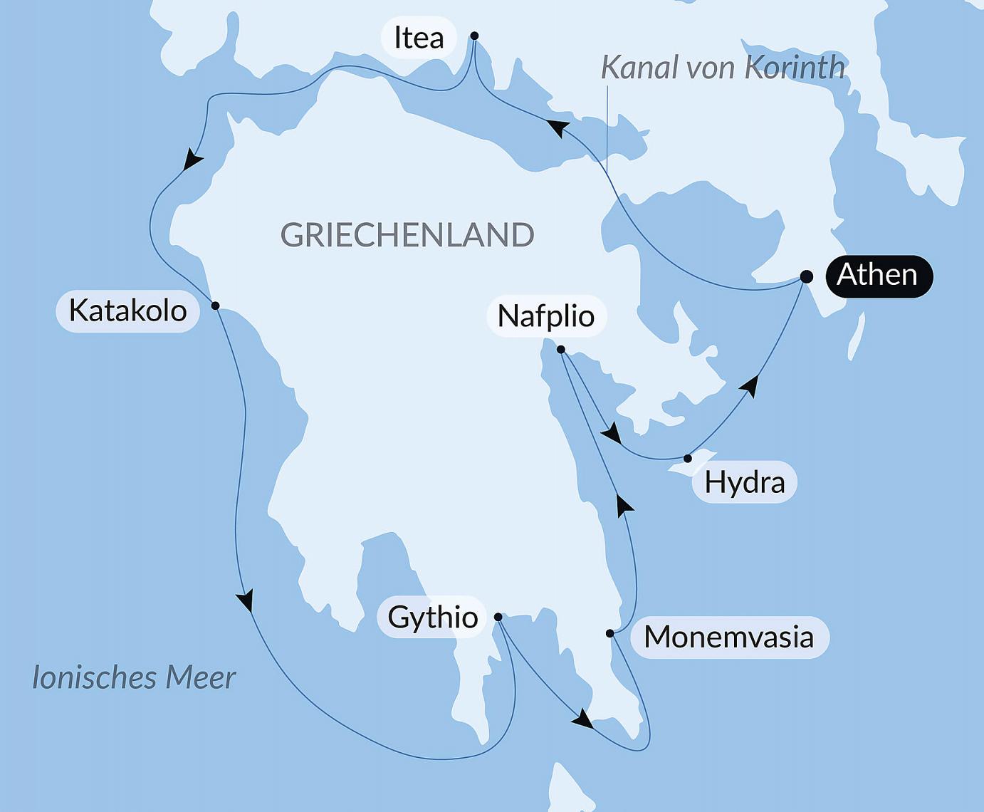 carte Paysages et sites emblématiques du Péloponnèse, 8 jours