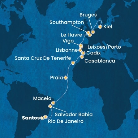 carte Brésil, Canaries, Maroc, Espagne, Portugal, France, Grande-Bretagne, Belgique, Allemagne, 27 jours