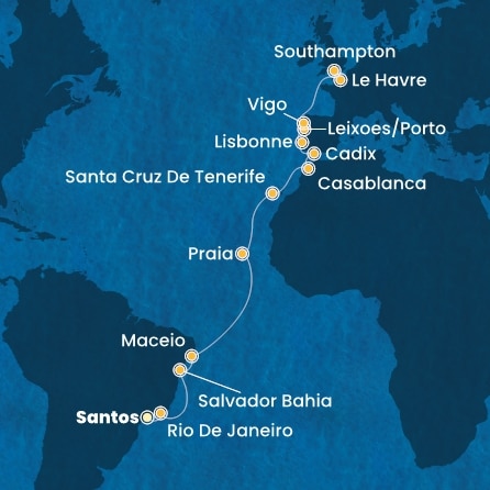 carte Brésil, Canaries, Maroc, Espagne, Portugal, France, Grande-Bretagne, 23 jours