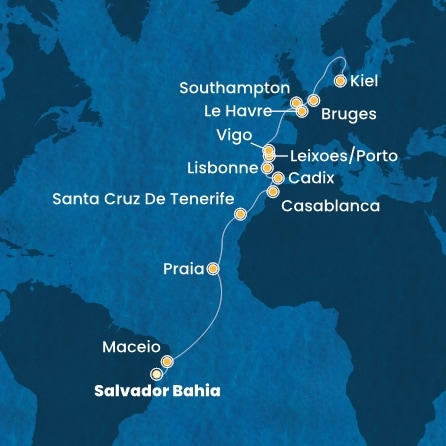 carte Brésil, Canaries, Maroc, Espagne, Portugal, France, Grande-Bretagne, Belgique, Allemagne, 23 jours