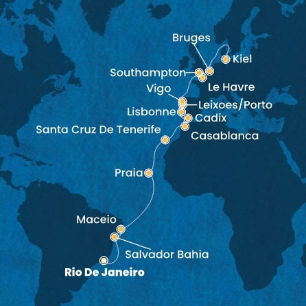 carte Brésil, Canaries, Maroc, Espagne, Portugal, France, Grande-Bretagne, Belgique, Allemagne, 26 jours