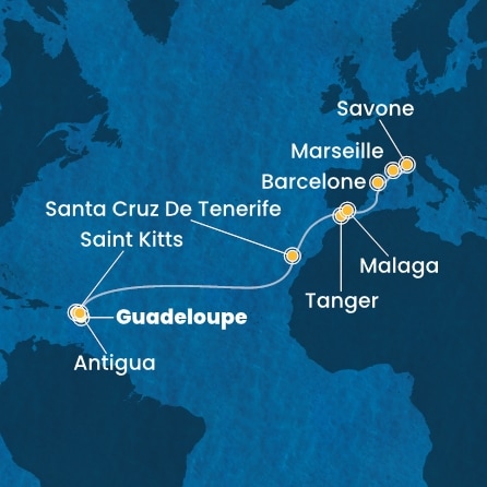 carte Antilles, Canaries, Maroc, Espagne, France, Italie, 17 jours