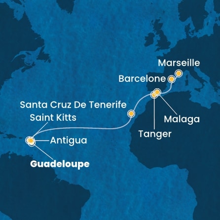 carte Antilles, Canaries, Maroc, Espagne, France, 16 jours