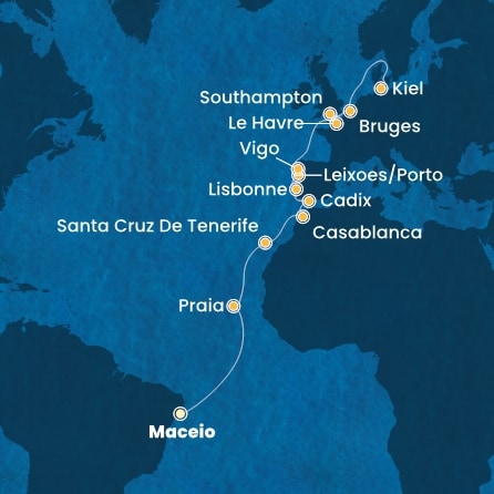 carte Brésil, Canaries, Maroc, Espagne, Portugal, France, Grande-Bretagne, Belgique, Allemagne, 22 jours