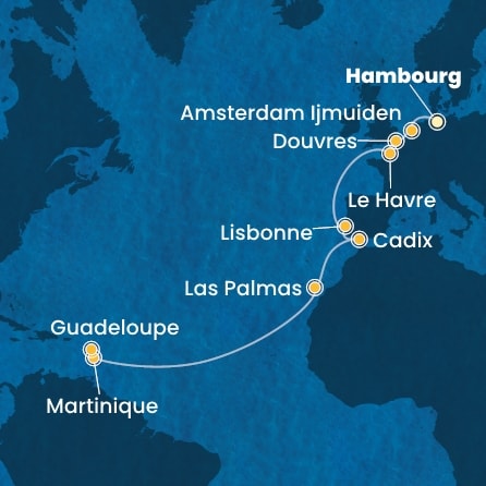 carte Allemagne, Grande-Bretagne, France, Portugal, Espagne, Canaries, Antilles, 19 jours