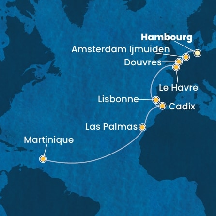 carte Allemagne, Grande-Bretagne, France, Portugal, Espagne, Canaries, Antilles, 18 jours