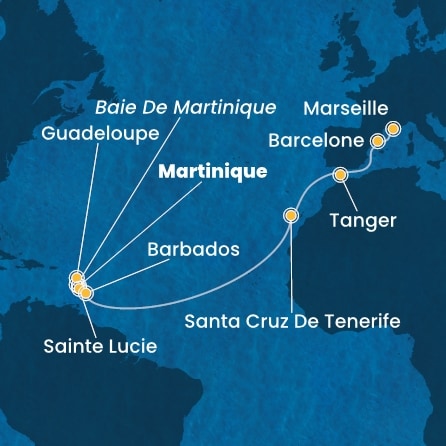carte Antilles, Canaries, Maroc, Espagne, France, 16 jours