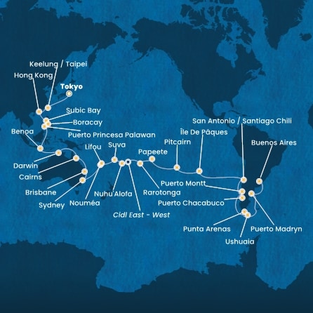 carte Japon, Taïwan, Chine, Philippines, Australie, Hawaii, Fiji, Tonga, Polynésie, Chili, Argentine, 66 jours