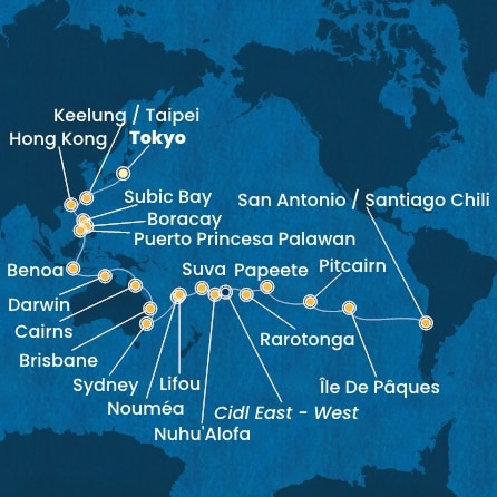 carte Japon, Taïwan, Chine, Philippines, Australie, Hawaii, Fiji, Tonga, Polynésie, Chili, 52 jours