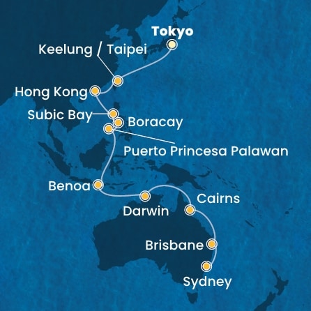 carte Japon, Taïwan, Chine, Philippines, Australie, 26 jours