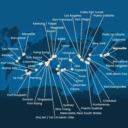 carte France, Espagne, Portugal, Açores, États-Unis, Floride (USA), Mexique, États-Unis, Hawaii, Polynésie, Fiji, Australie, Japon, 137 jours
