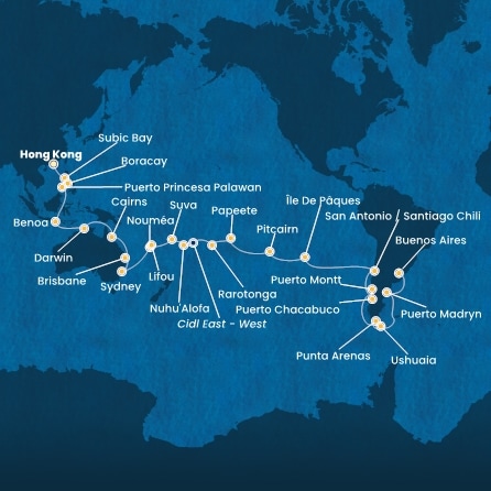 carte Chine, Philippines, Australie, Hawaii, Fiji, Tonga, Polynésie, Chili, Argentine, 61 jours