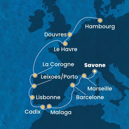 carte Italie, France, Espagne, Portugal, Grande-Bretagne, Allemagne, 14 jours