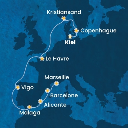 carte Allemagne, Danemark, Norvège, France, Espagne, 12 jours