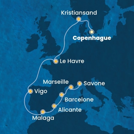 carte Danemark, Norvège, France, Espagne, Italie, 12 jours