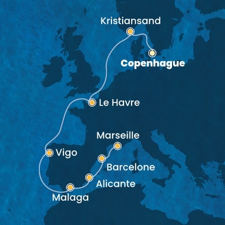 carte Danemark, Norvège, France, Espagne, 11 jours