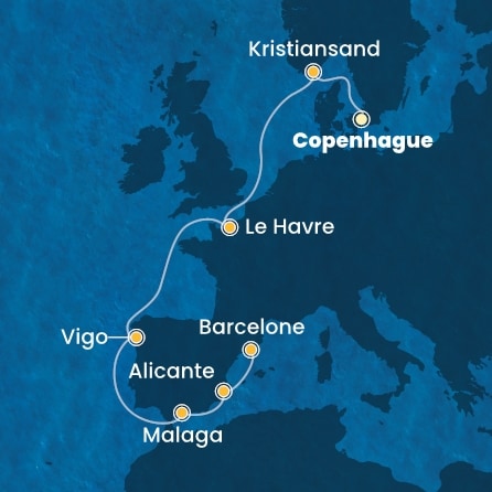 carte Danemark, Norvège, France, Espagne, 10 jours
