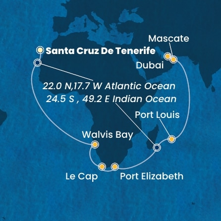 carte Canaries, Namibia, Afrique du Sud, Maurice, Oman, Emirats Arabes Unis, 31 jours