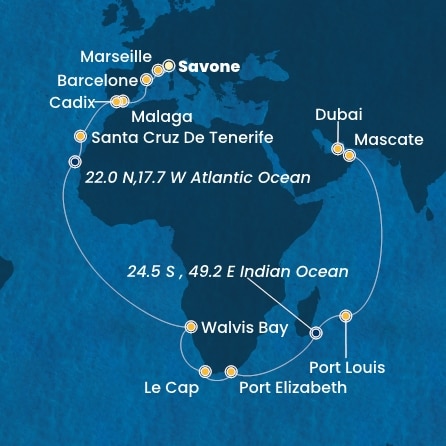 carte Italie, France, Espagne, Canaries, Namibia, Afrique du Sud, Maurice, Oman, Emirats Arabes Unis, 38 jours