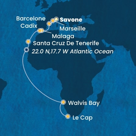 carte Italie, France, Espagne, Canaries, Namibia, Afrique du Sud, 22 jours