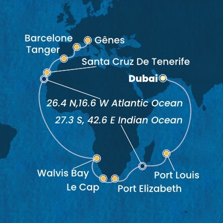 carte Emirats Arabes Unis, Maurice, Afrique du Sud, Namibia, Canaries, Maroc, Espagne, Italie, 35 jours