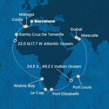 carte Espagne, Canaries, Namibia, Afrique du Sud, Maurice, Oman, Emirats Arabes Unis, 36 jours