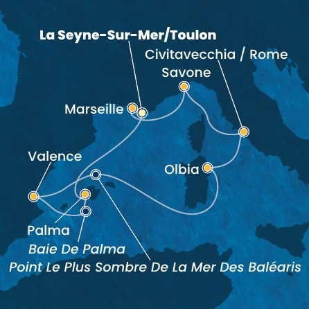 carte France, Baléares, Espagne, Italie, 8 jours