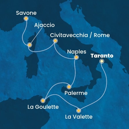 carte Malte, Tunisie, Italie, Corse (France), 8 jours