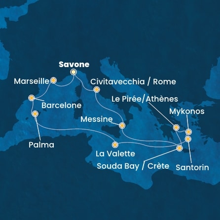 carte *Italie, France, Espagne, Baléares, Malte, Grèce, 15 jours