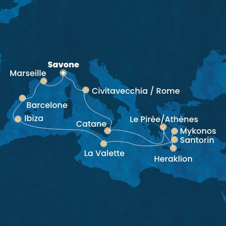 carte Italie, Grèce, Malte, Baléares, Espagne, France, 15 jours