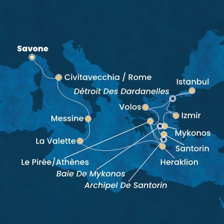 carte Italie, Malte, Grèce, Turquie, 14 jours