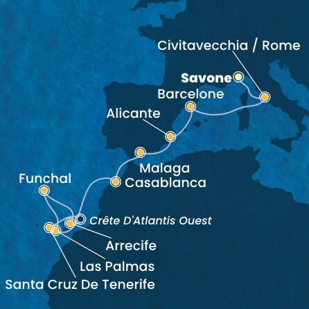 carte Italie, Espagne, Maroc, Canaries, Madère, 13 jours