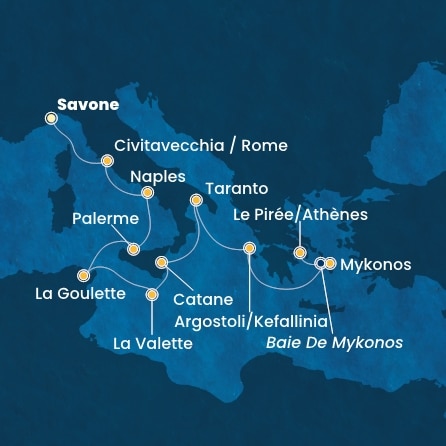 carte Italie, Tunisie, Malte, Grèce, 11 jours