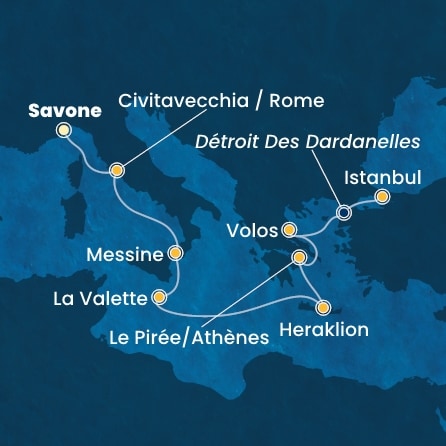 carte Italie, Malte, Grèce, Turquie, 10 jours