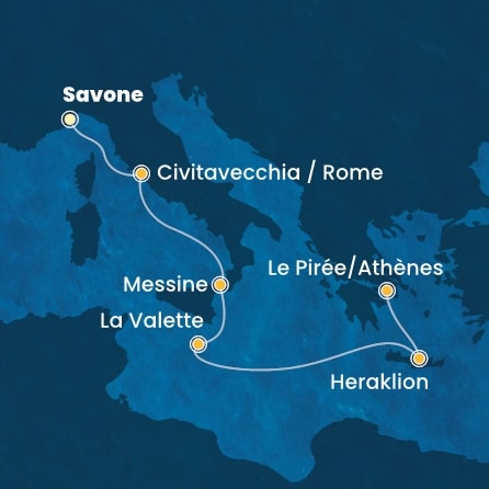 carte Italie, Malte, Grèce, 7 jours