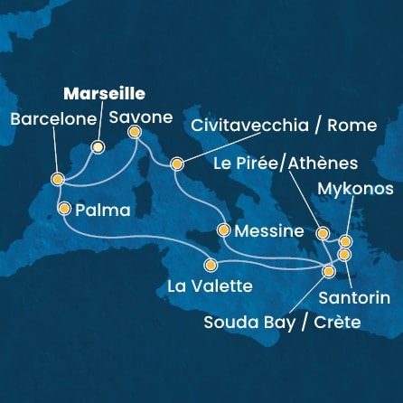 carte France, Espagne, Baléares, Malte, Grèce, Italie, 17 jours