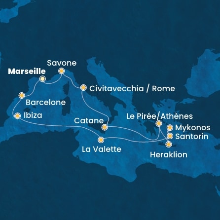 carte France, Italie, Grèce, Malte, Baléares, Espagne, 15 jours