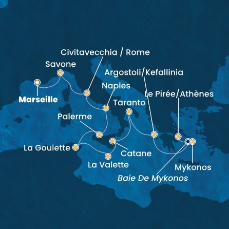 carte France, Italie, Tunisie, Malte, Grèce, 12 jours