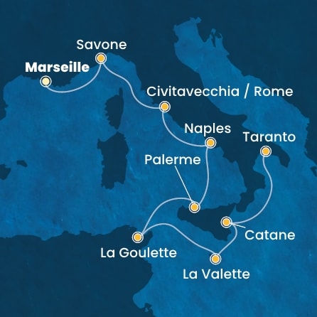 carte France, Italie, Tunisie, Malte, 9 jours