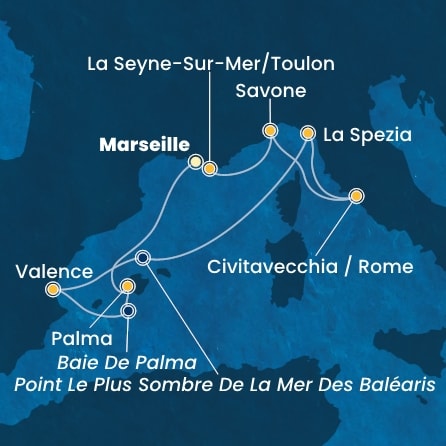 carte France, Baléares, Espagne, Italie, 8 jours