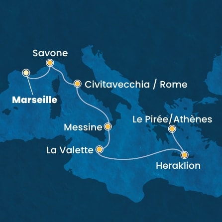 carte France, Italie, Malte, Grèce, 8 jours