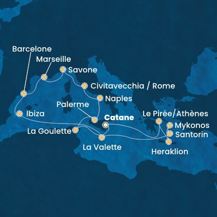 carte Italie, Grèce, Malte, Baléares, Espagne, France, Tunisie, 19 jours
