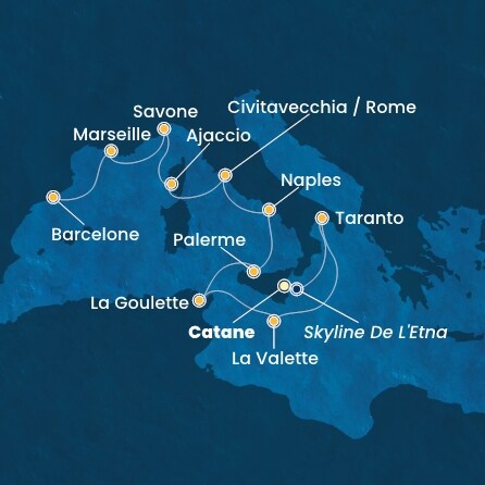 carte Italie, Malte, Tunisie, Corse (France), France, Espagne, 11 jours