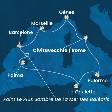 carte Italie, France, Espagne, Baléares, Tunisie, 9 jours