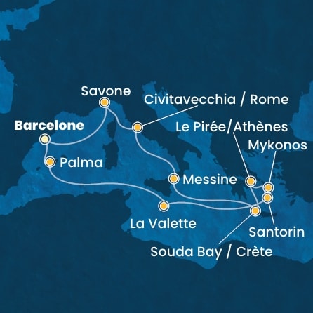 carte Espagne, Baléares, Malte, Grèce, Italie, 15 jours