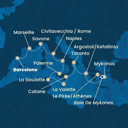 carte Espagne, France, Italie, Tunisie, Malte, Grèce, 13 jours