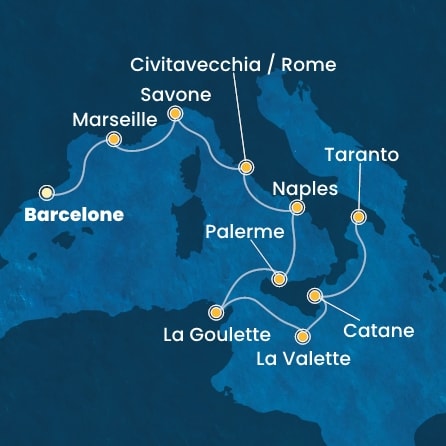 carte Espagne, France, Italie, Tunisie, Malte, 10 jours